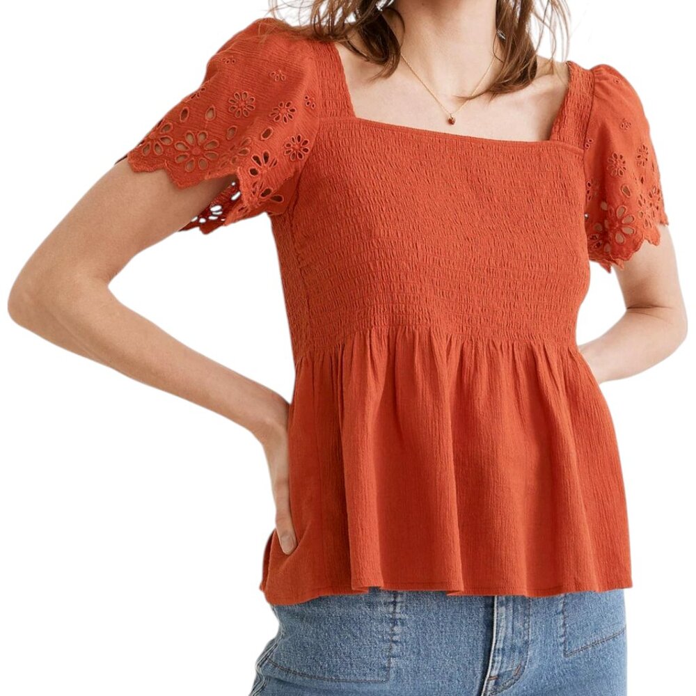 Madewell Rust Orange Eyelet Short Sleeve Peplum Top
